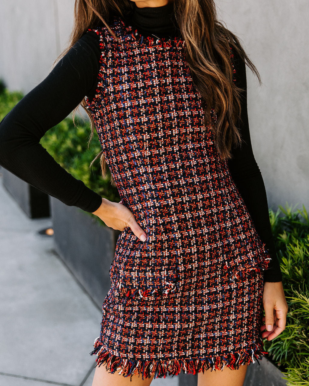 Tweed Plaid Sleeveless Frayed Hem Patch Pocket Shift Mini Dress - View 6