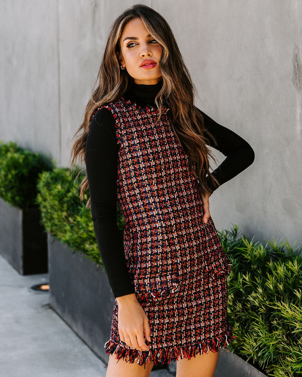 Tweed Plaid Sleeveless Frayed Hem Patch Pocket Shift Mini Dress - View 3