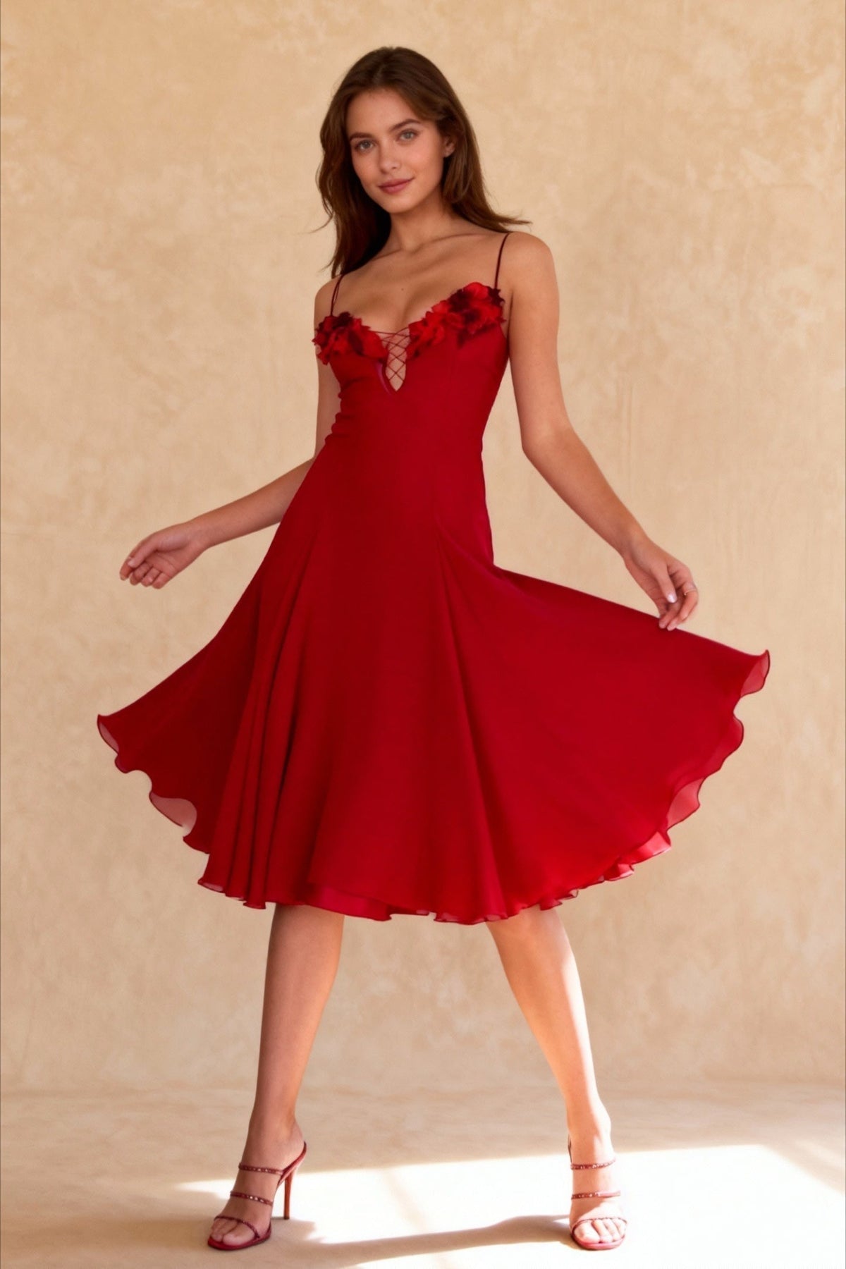 Chiffon Spaghetti Strap Deep V-Neck Rosette Fit and Flare Midi Dress - View 6