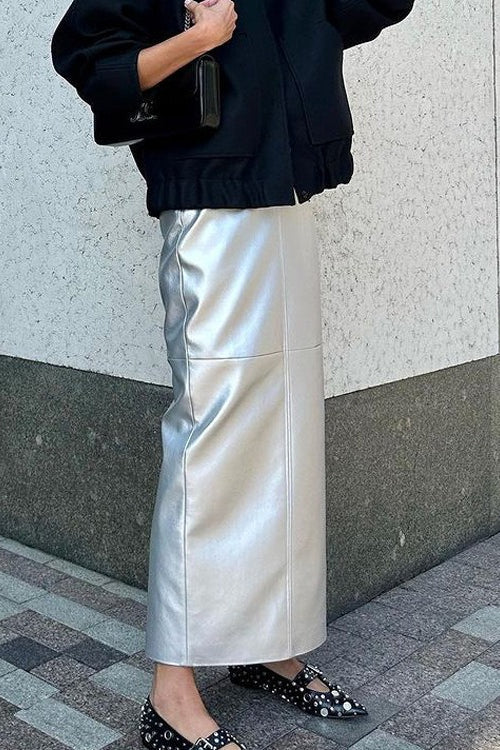 Metallic PU Leather Panel Bodycon Skirt