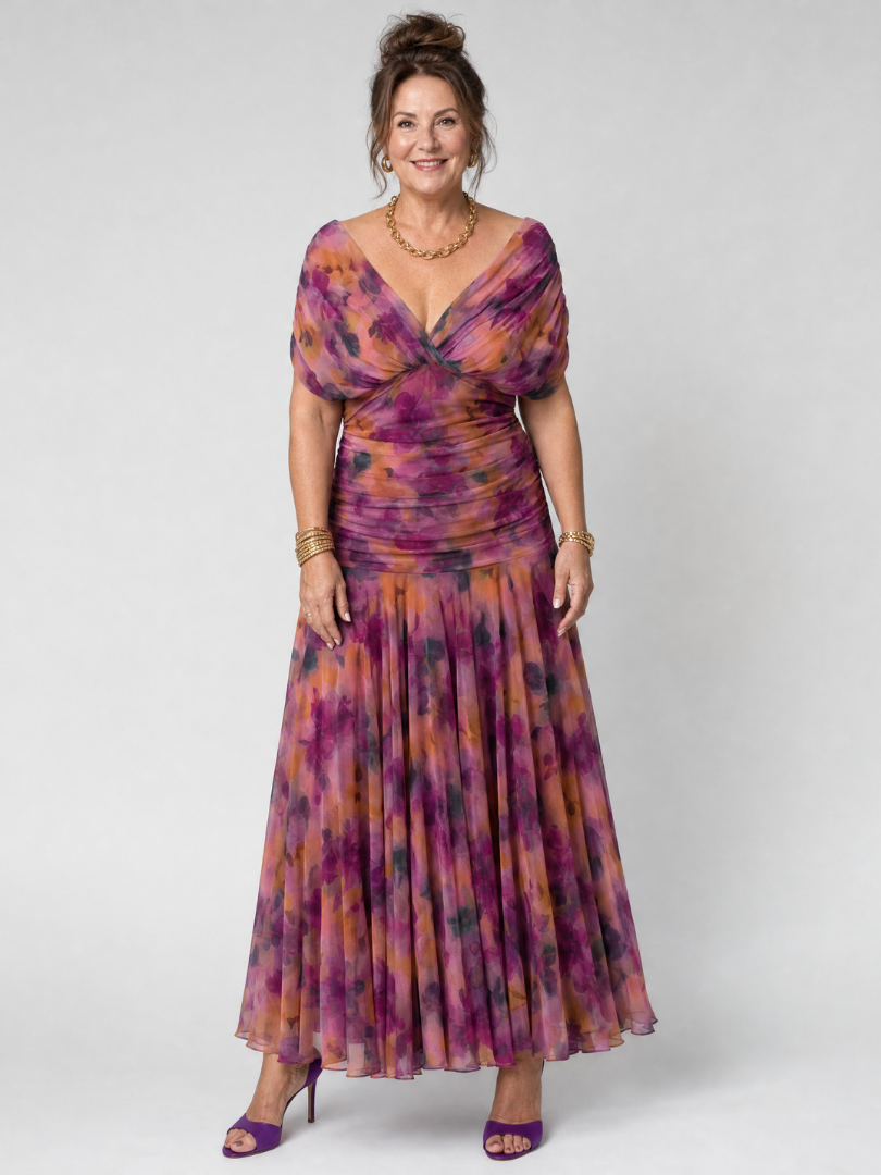 Floral Off Shoulder Ruched Chiffon Maxi Dress 17