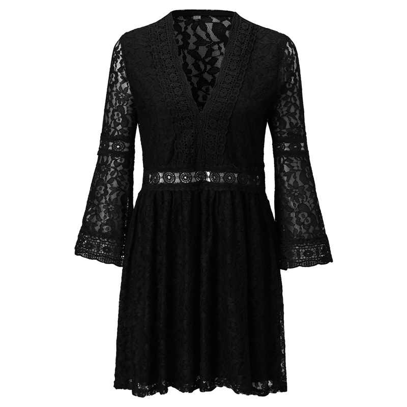 Floral Lace Deep V-Neck 3/4 Sleeve Crochet Trim A-Line Mini Dress - View 2