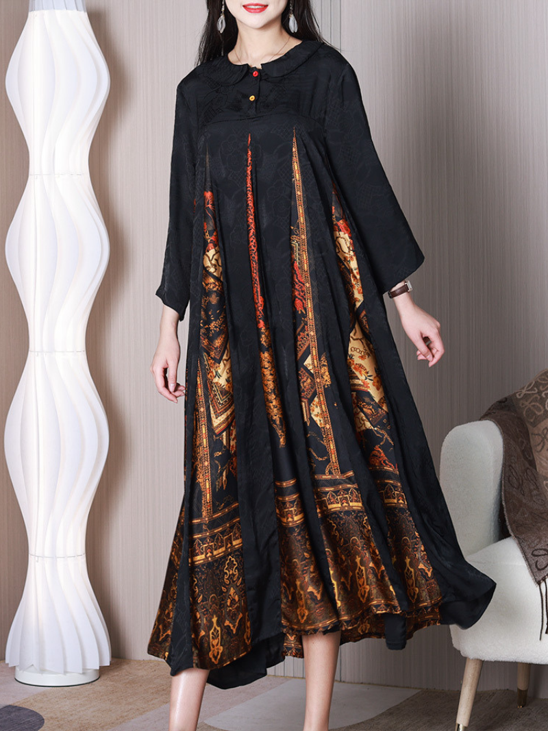 Jacquard Floral Peter Pan Collar Button Front A-Line Maxi Dress - View 3