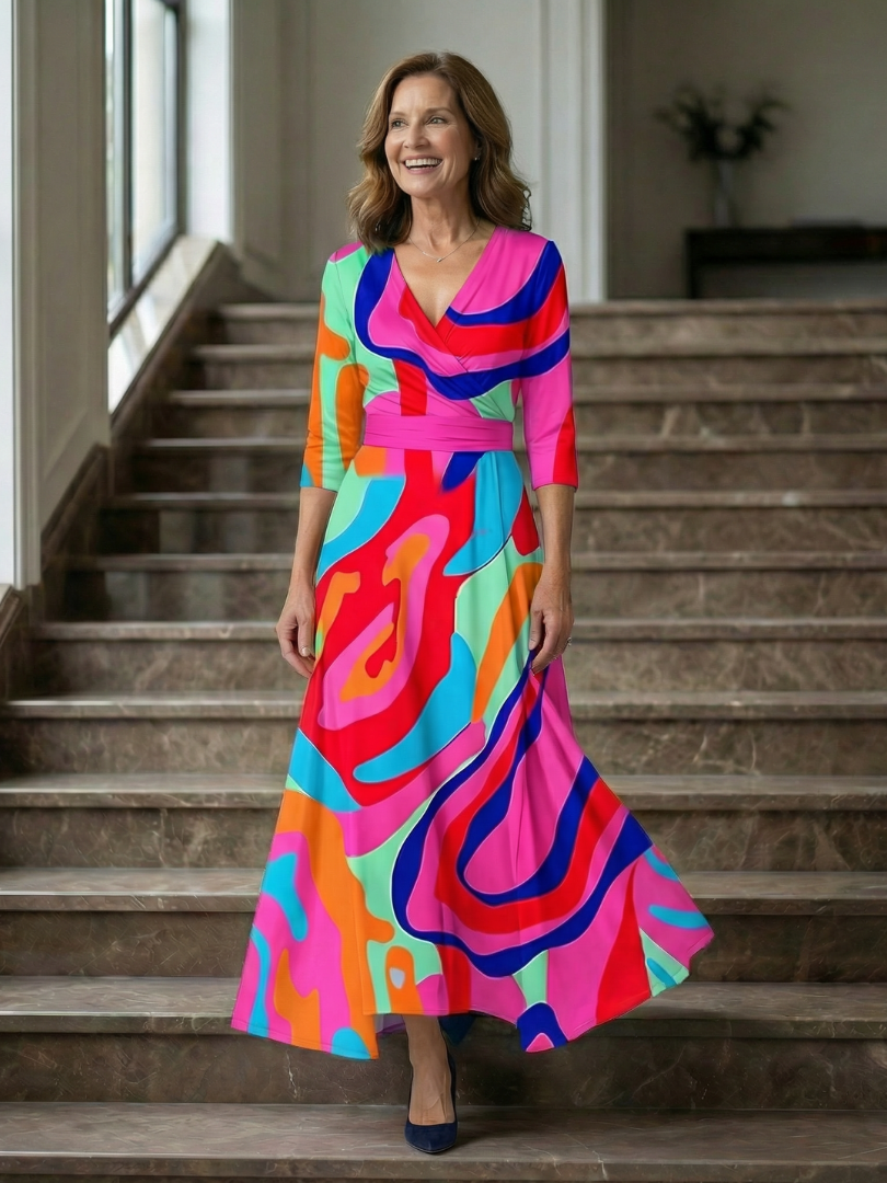 Floral Print Wrap V-Neck Three Quarter Sleeve Maxi Dress 17