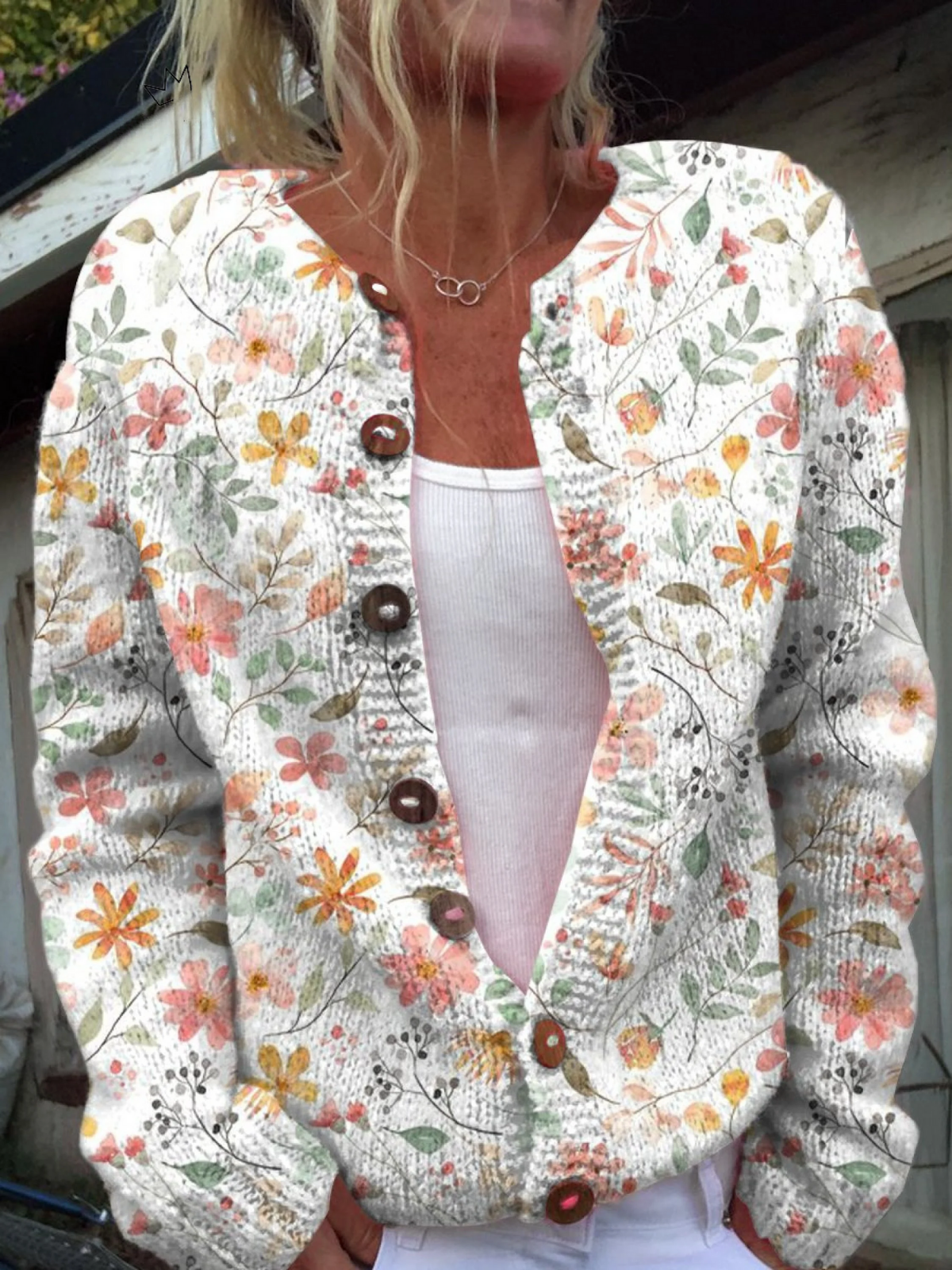 Floral Print Knit Button Front Cardigan
