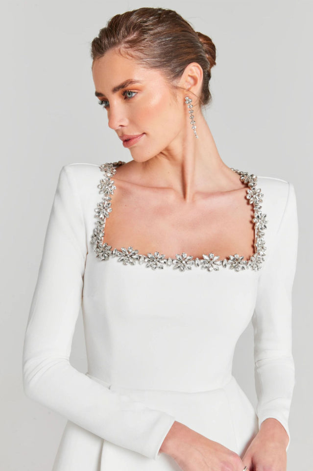 Rhinestone Trim Square Neck Long Sleeve Pleated Pocket Mini Dress - View 2