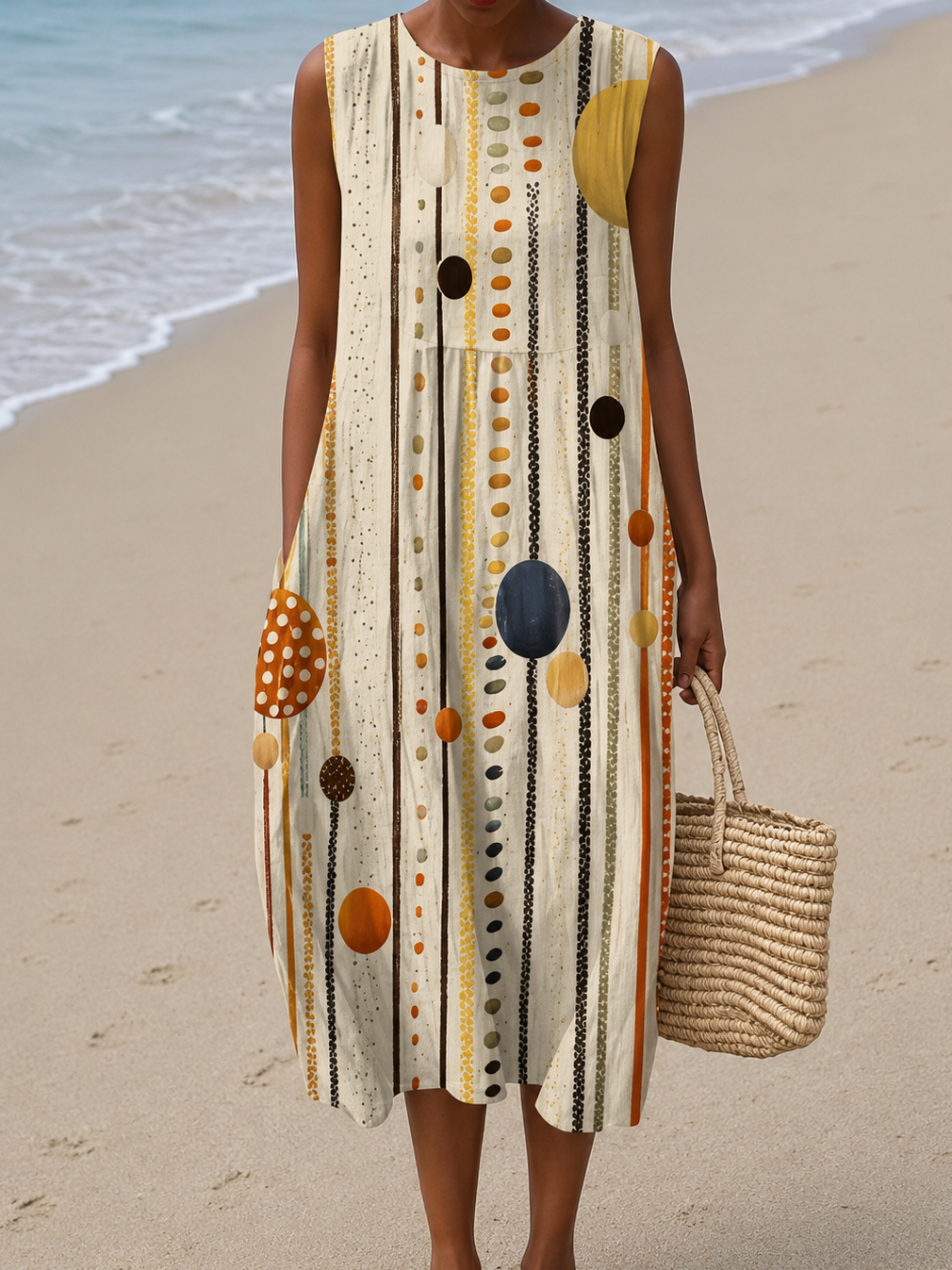 Sleeveless Abstract Dot Print Midi Dress