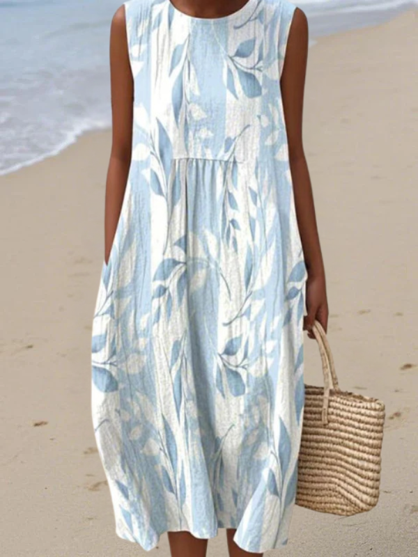 Leaf Print Round Neck Sleeveless Midi Dress