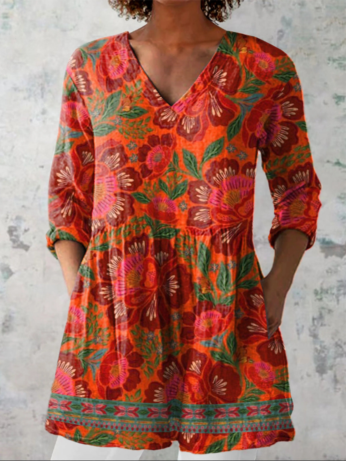 Border Floral V-Neck Long Sleeve Pocket Tunic Blouse