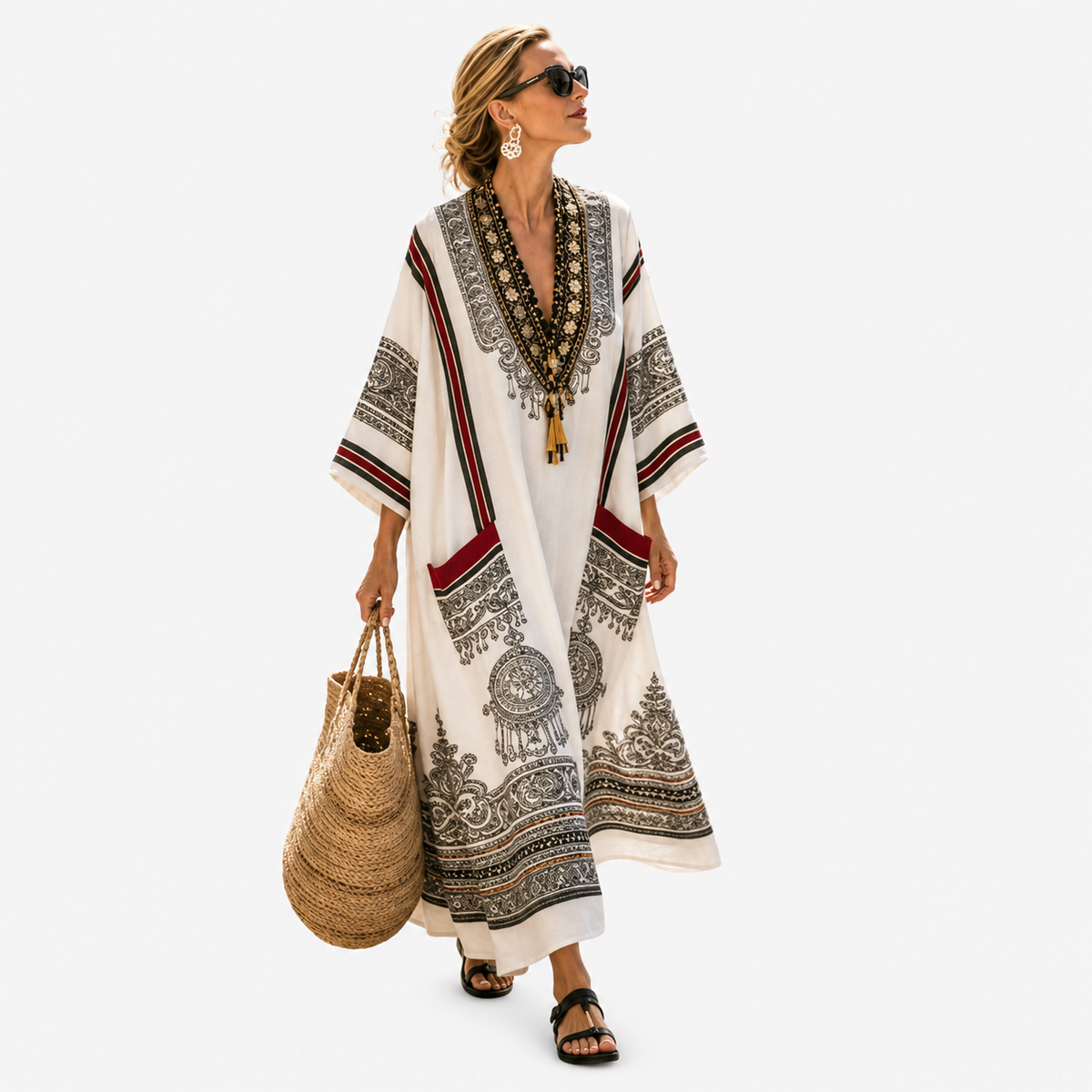 Border Print V-Neck Pocket Maxi Kaftan Dress
