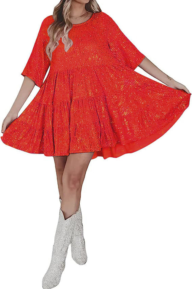 Sequin Tiered Ruffle Crew Neck Short Sleeve Smock Mini Party Dress 39