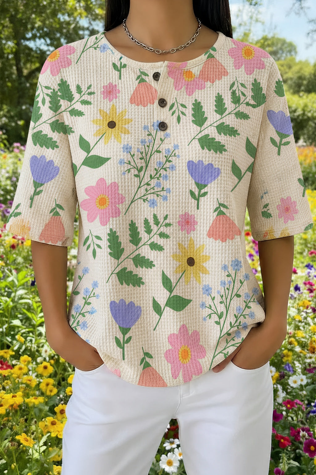 Wildflower Floral Henley Short Sleeve Waffle Top