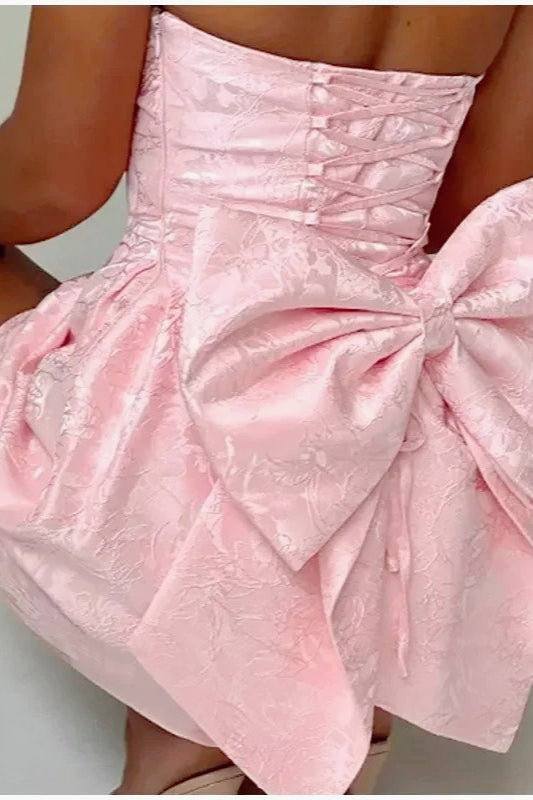 Jacquard Strapless Bow Back Fit and Flare Mini Dress in Pink - View 3