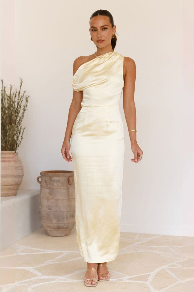 Satin One Shoulder Draped Column Maxi Dress - View 22