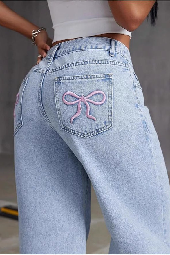 High-Waist Embroidered Wide-Leg Denim Jeans