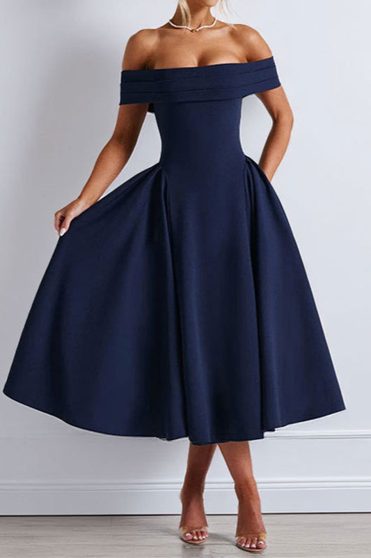 Off Shoulder Pleated Fit and Flare Midi Party Dress - View 9