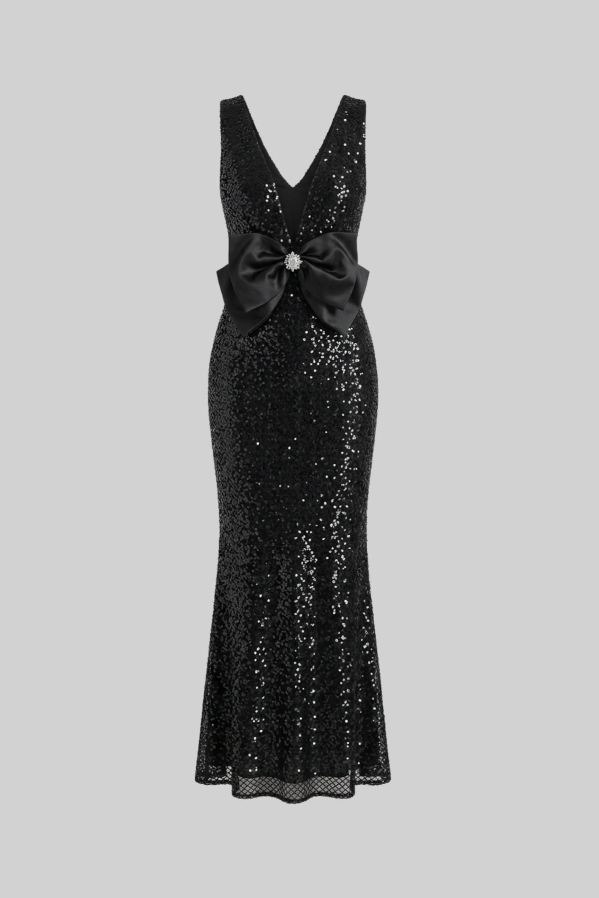 Sequin Maxi Dress With Satin Bow Detail - Black - View 2