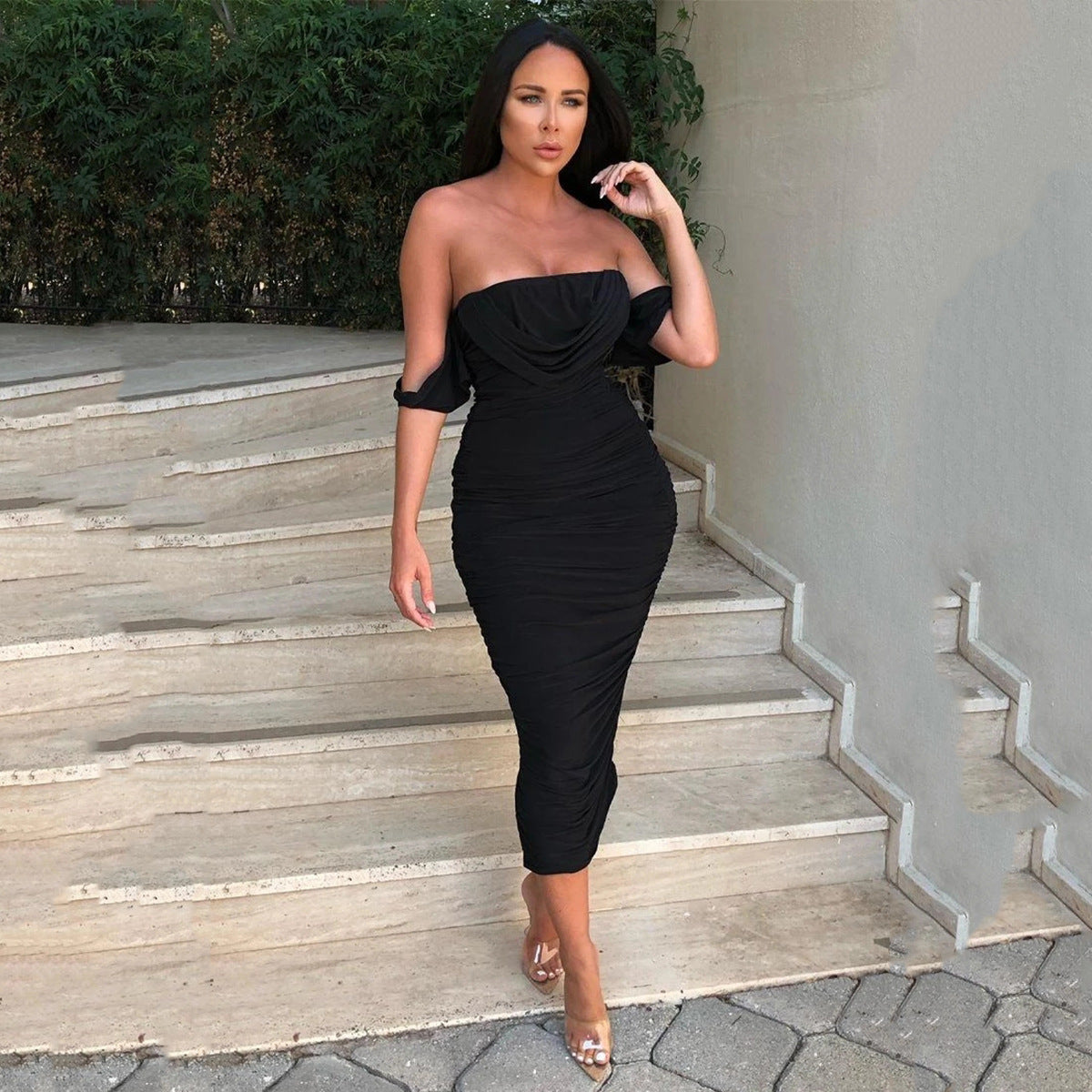 Off Shoulder Cowl Neck Ruched Bodycon Maxi Dress 3