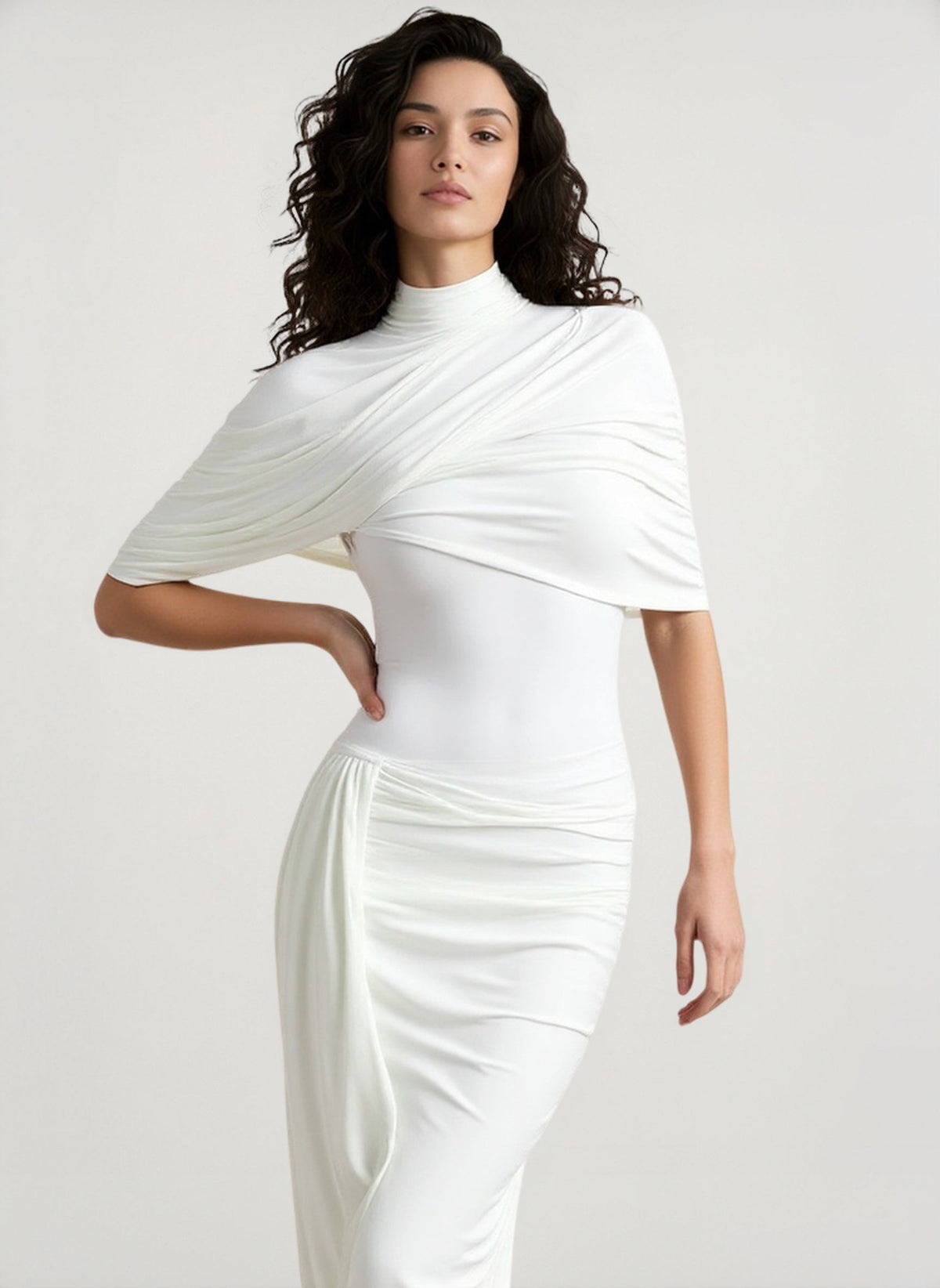 High Neck Cape Sleeve Ruched Bodycon Midi Dress - View 5