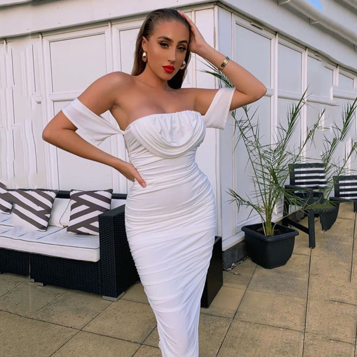 Off Shoulder Cowl Neck Ruched Bodycon Maxi Dress 2