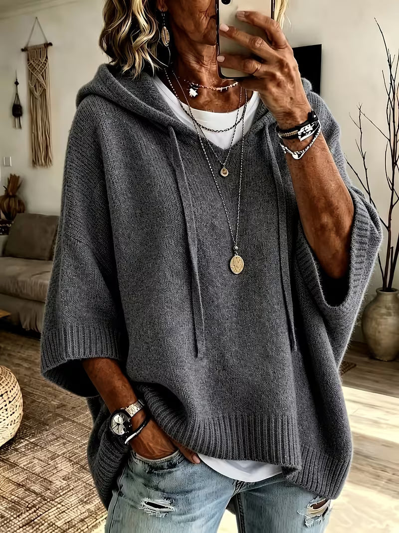 Hooded Drawstring Oversized Knit Poncho Sweater 16