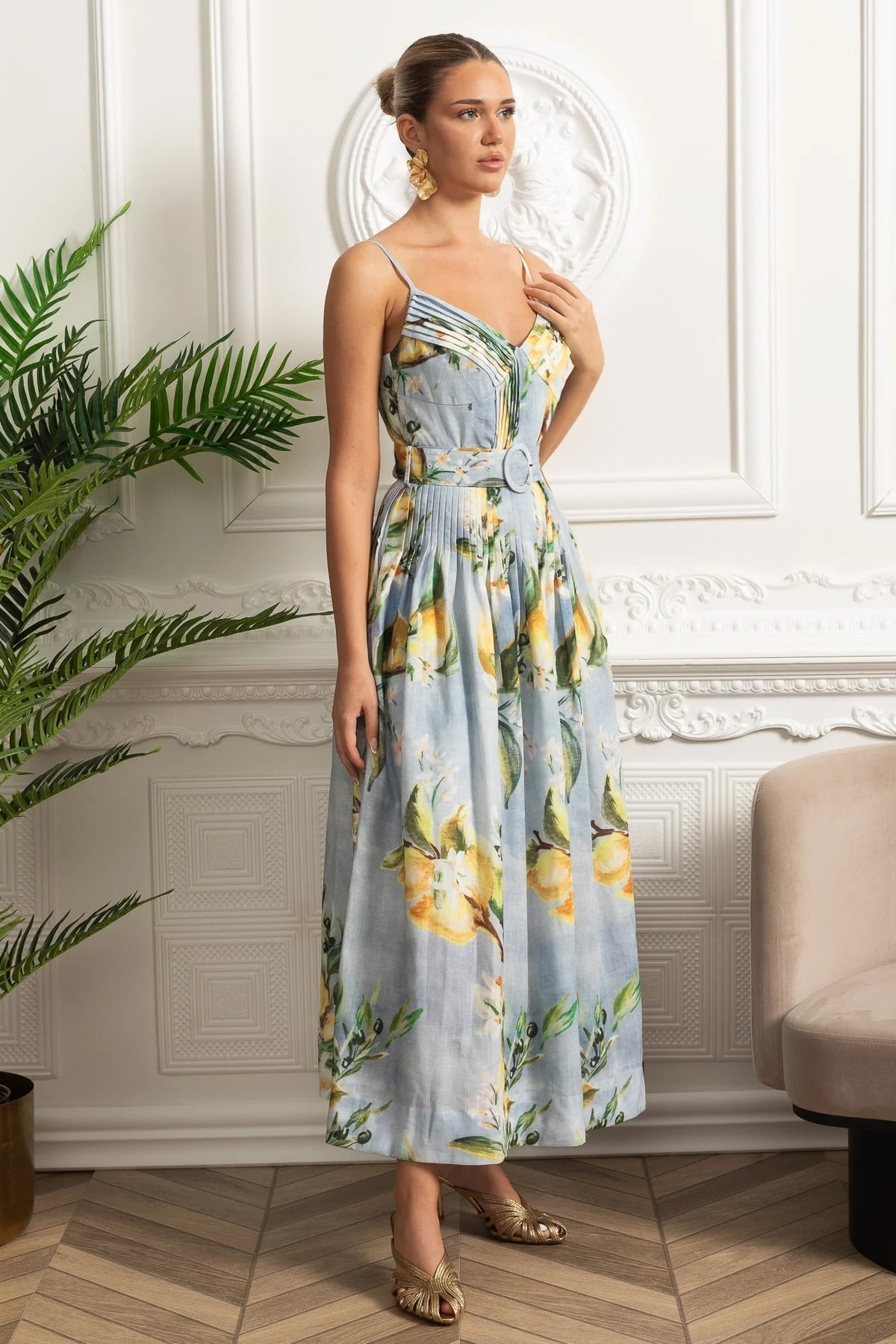 Lemon Print V-Neck Spaghetti Strap Pintuck Belted Pocket Midi Dress - View 2