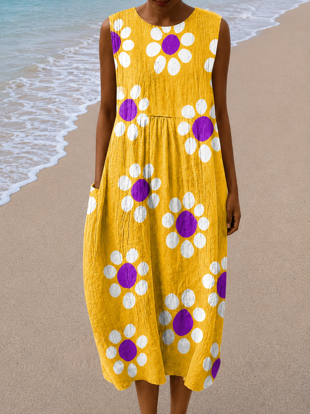 Floral Daisy Print Sleeveless Round Neck Pocket Cocoon Midi Dress