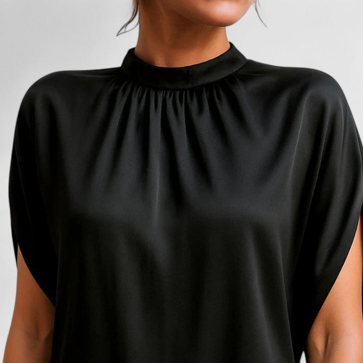 Mock Neck Cap Sleeve Satin Shift Mini Dress 4