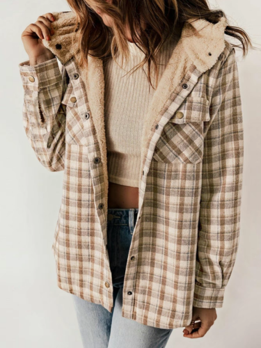 Plaid Sherpa Lined Button Front Hooded Shacket 5