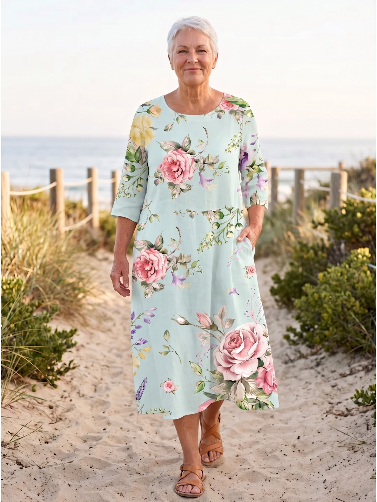 Round Neck Long Sleeve Rose Floral Print Pocket Midi Dress