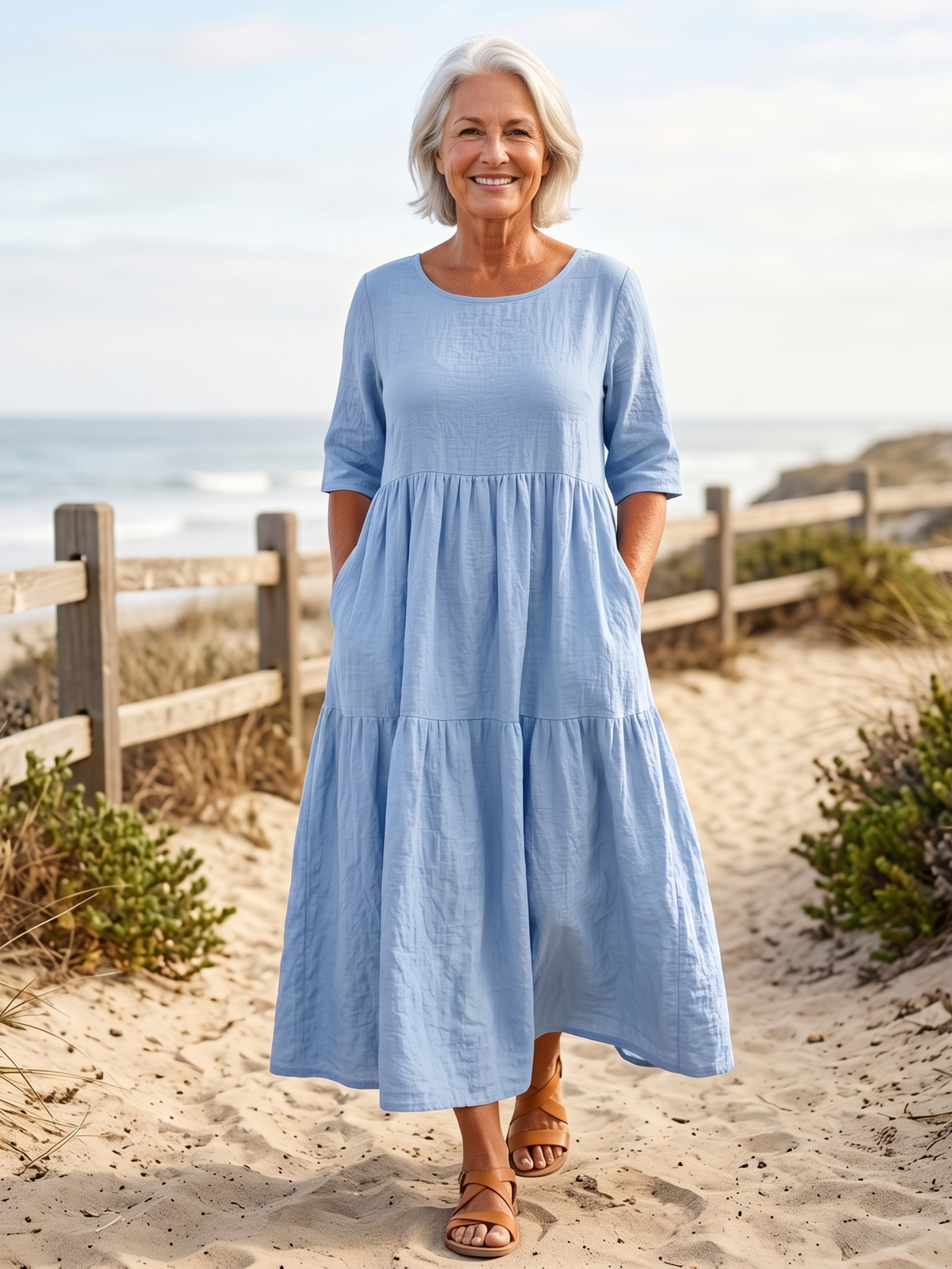 Round Neck Half Sleeve Tiered Maxi Dress