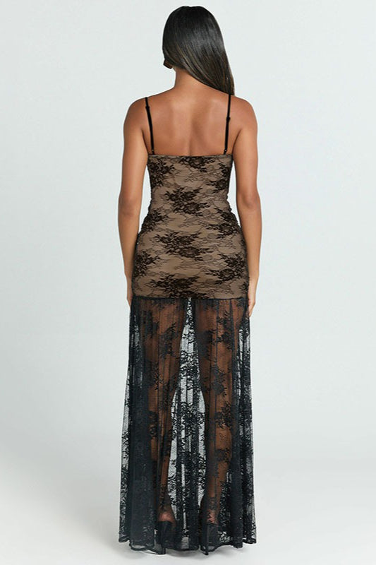 Sheer Ruched Split Cami Maxi Lace Dress - View 5