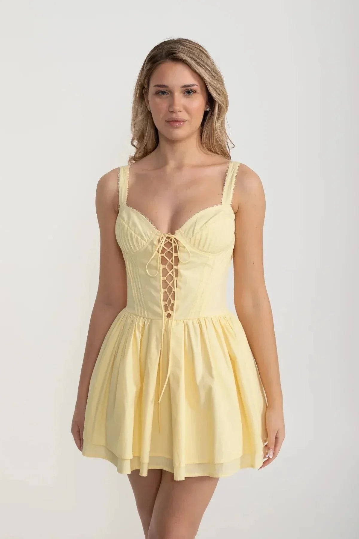 Corset Style Sleeveless Dress With Lace-Up Front Detailing - Yellow