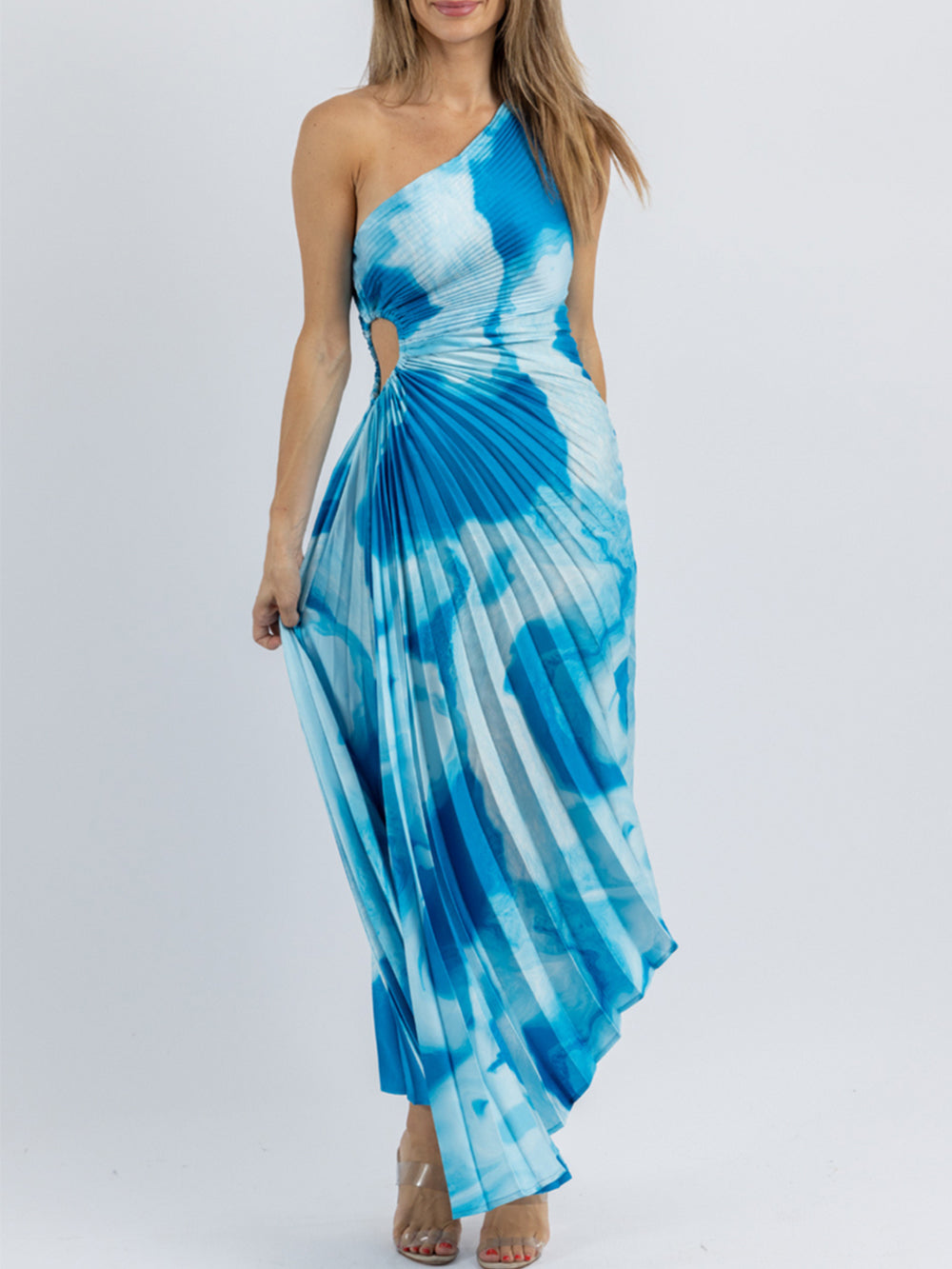 Tie Dye One Shoulder Pleated Cut Out Maxi Dress 7