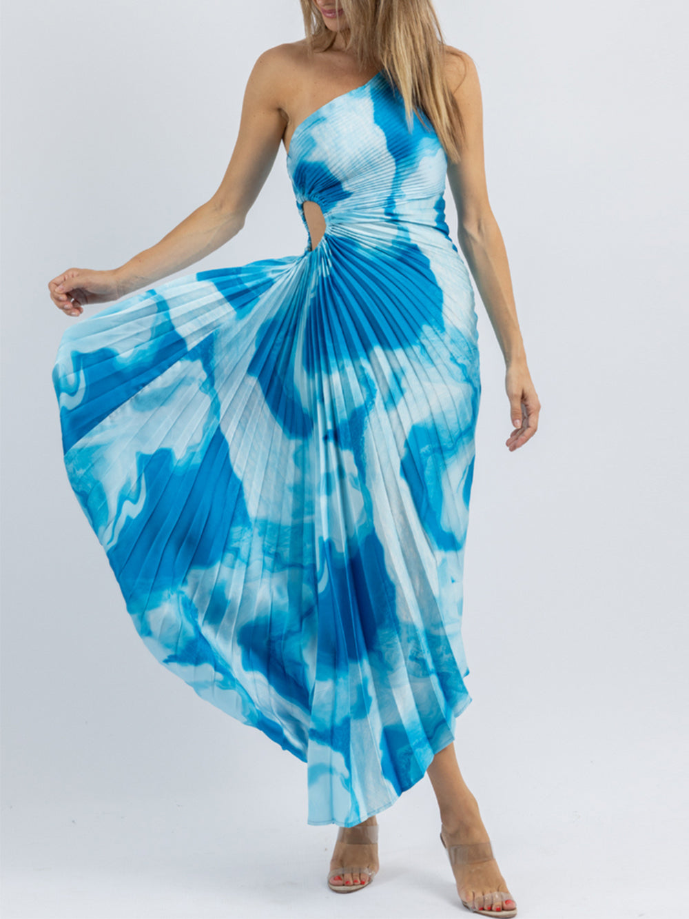 Tie Dye One Shoulder Pleated Cut Out Maxi Dress 6