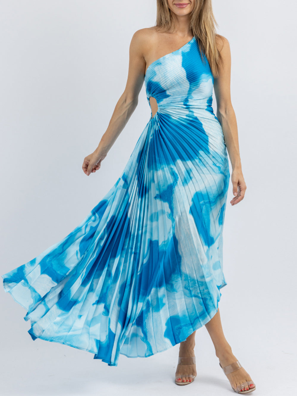 Tie Dye One Shoulder Pleated Cut Out Maxi Dress