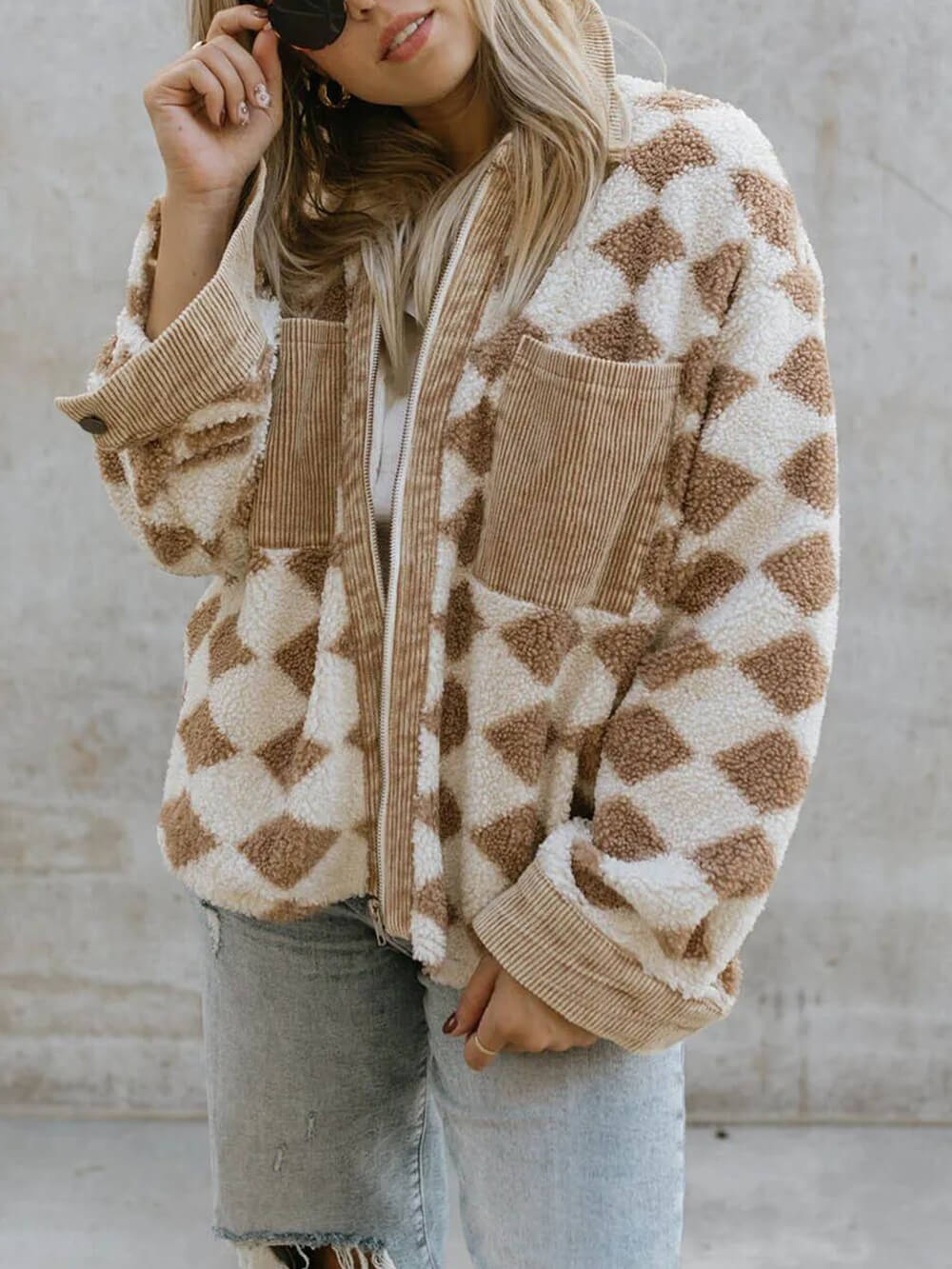 Checkerboard Sherpa Fleece Zip Front Jacket 3