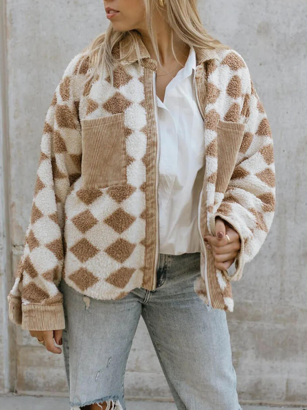 Checkerboard Sherpa Fleece Zip Front Jacket
