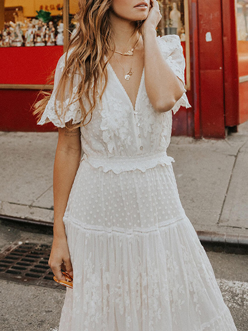V Neck Short Sleeve Lace Maxi Dress - View 4