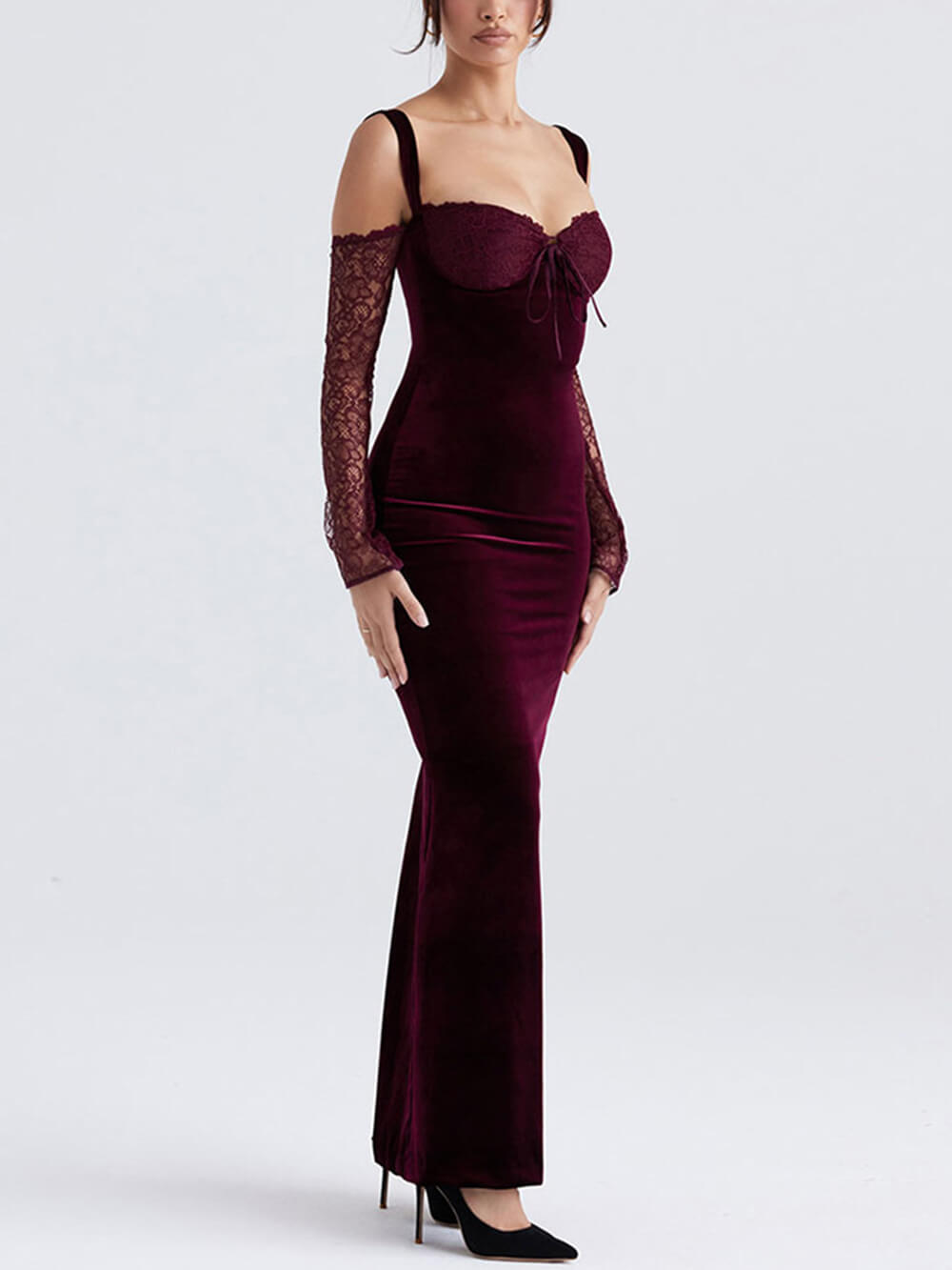 Lace Halter Strap Off The Shoulder Maxi Dress - View 3
