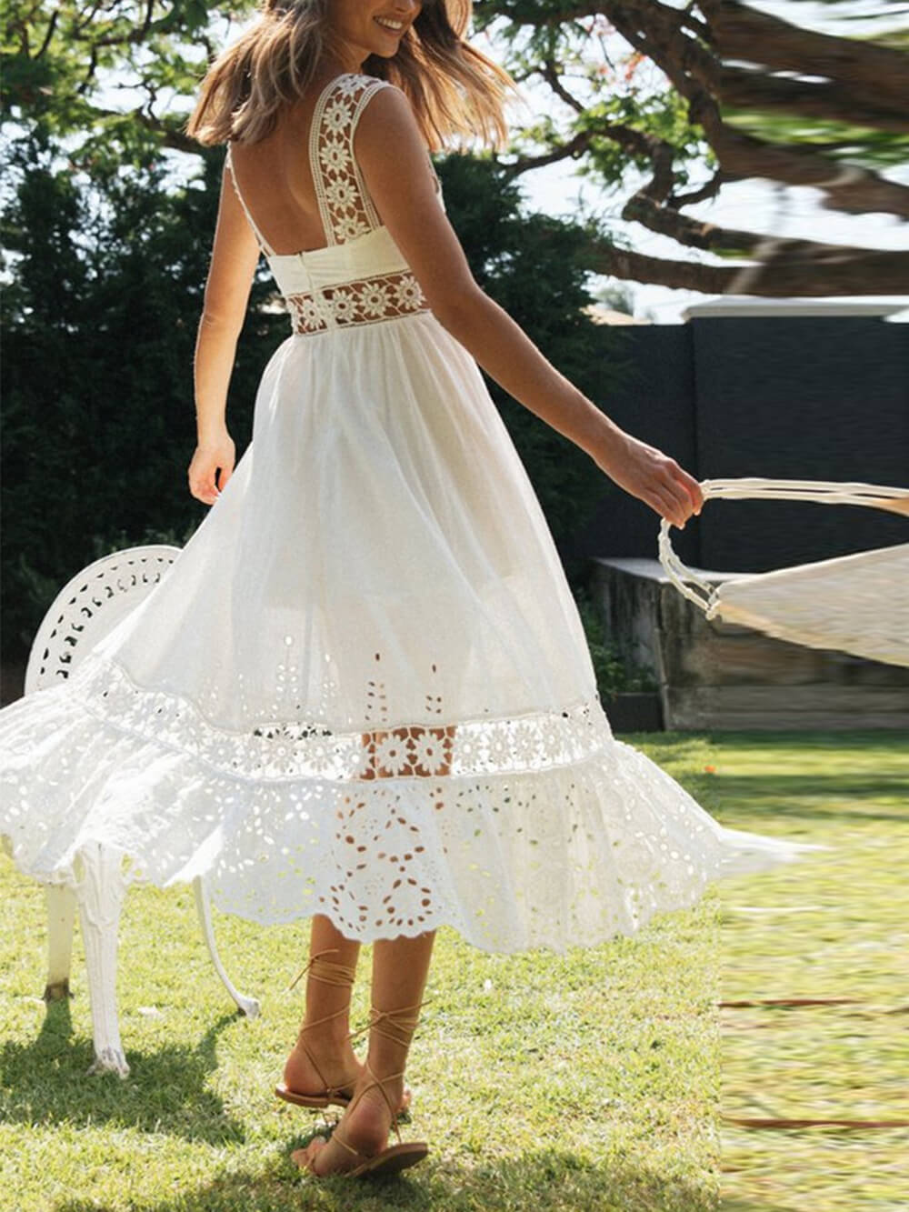 Long Lace Paneled Midi Dress With Full Hem - View 2