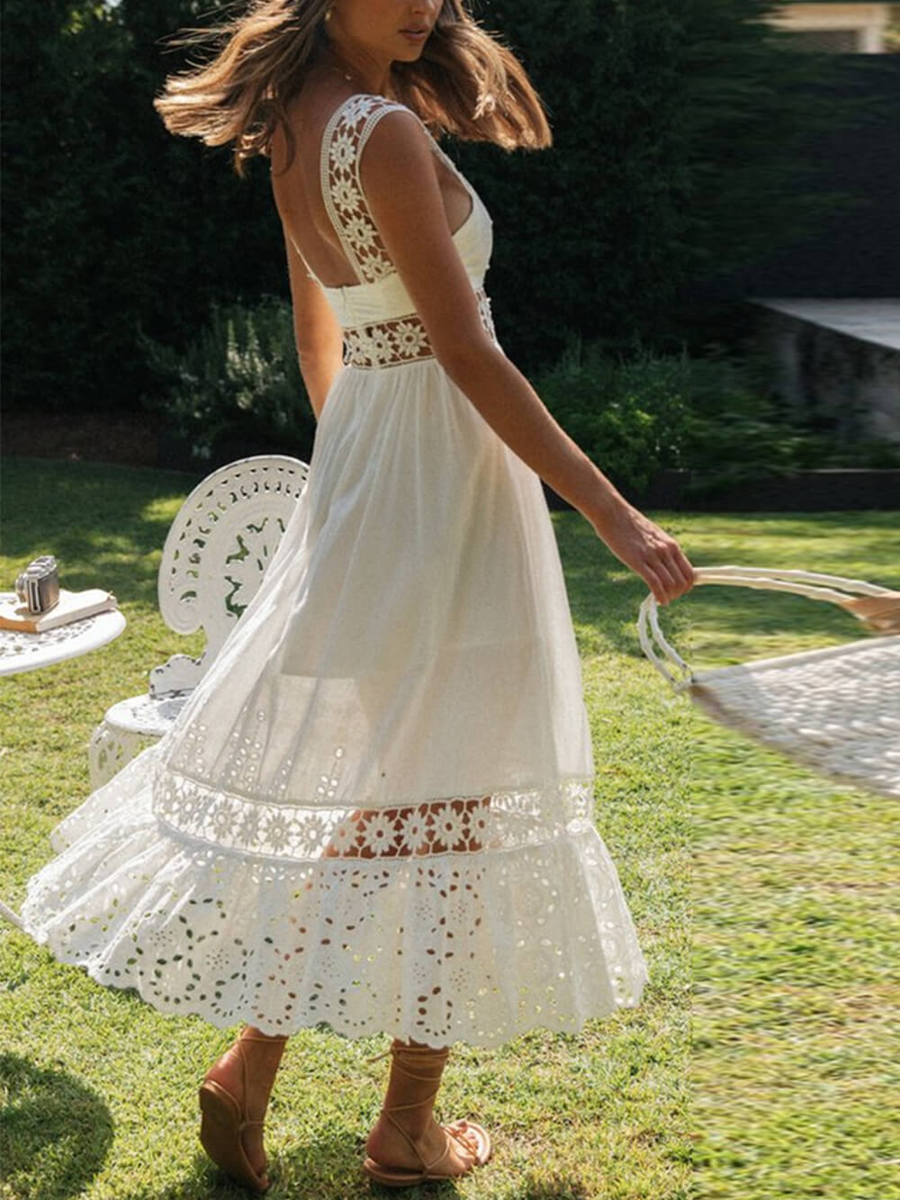 Long Lace Paneled Midi Dress With Full Hem - View 5
