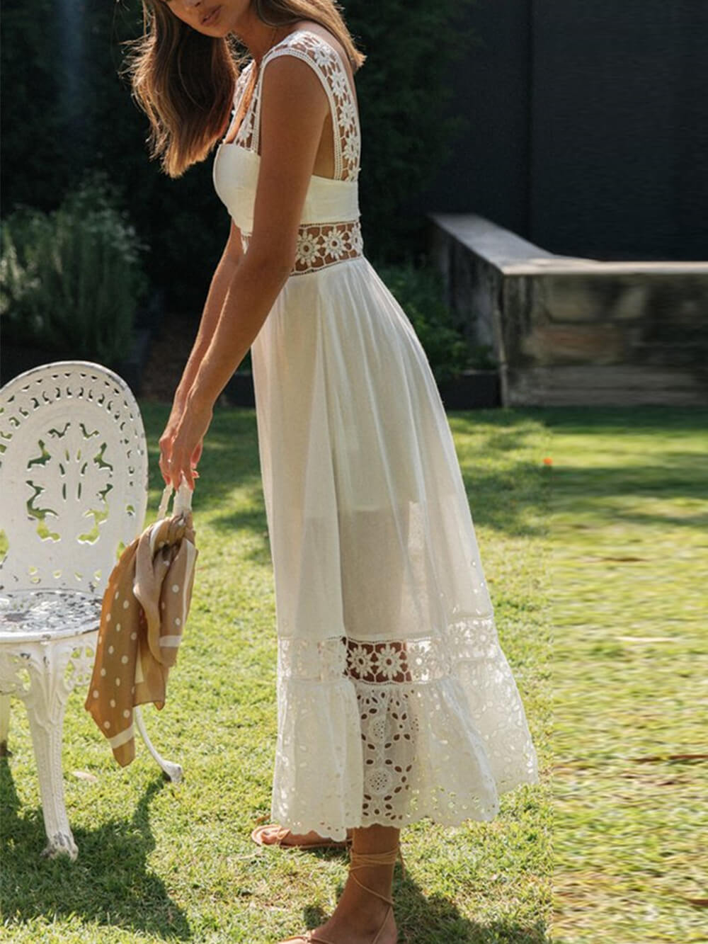 Long Lace Paneled Midi Dress With Full Hem - View 4