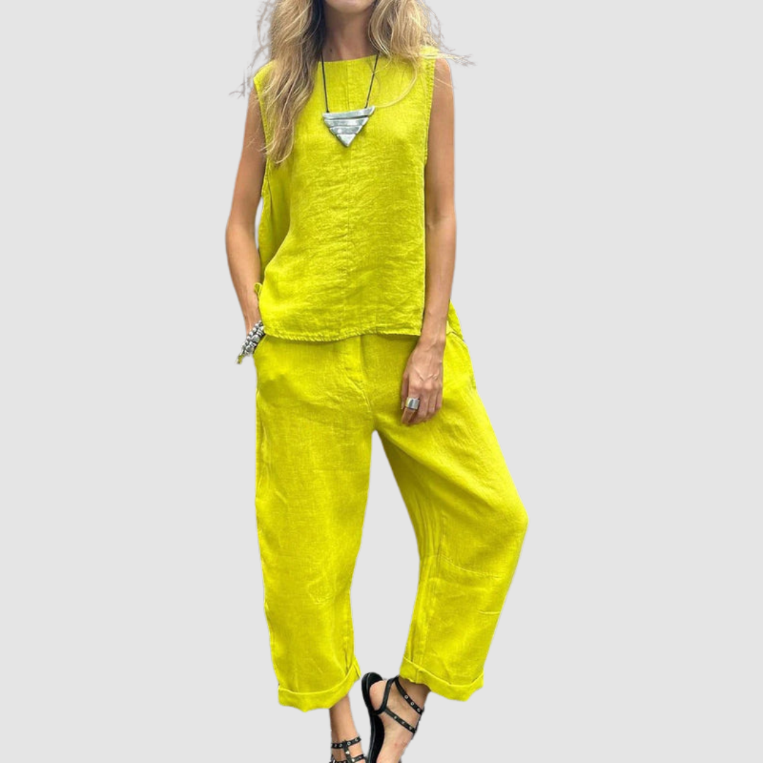 Sleeveless Linen Look Top and Tapered Pants Two Piece Set