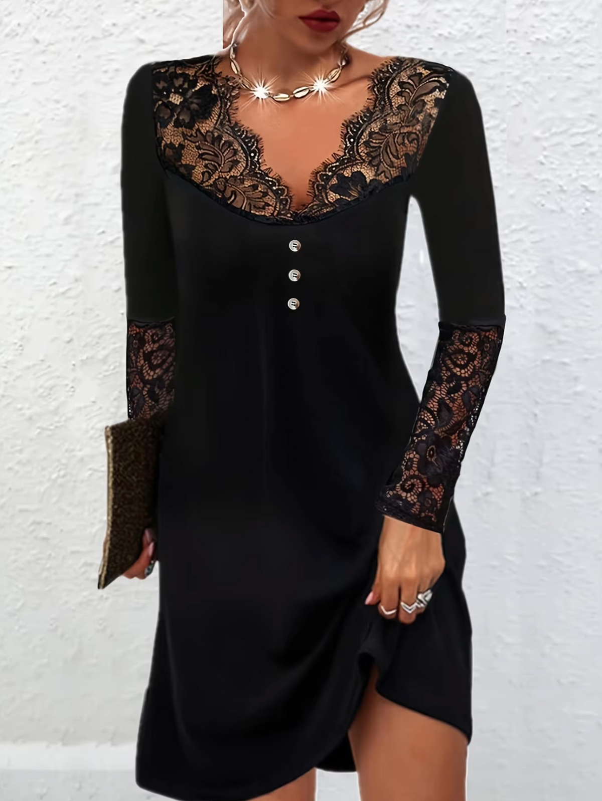 Lace Trim V-Neck Long Sleeve Button Front Mini Dress