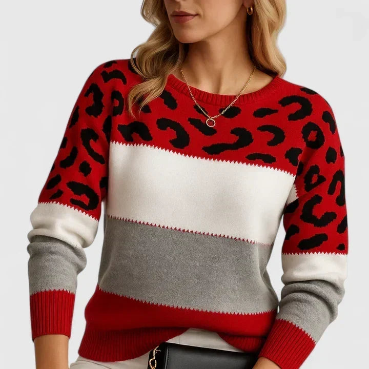Leopard Colorblock Crew Neck Long Sleeve Knit Sweater 3