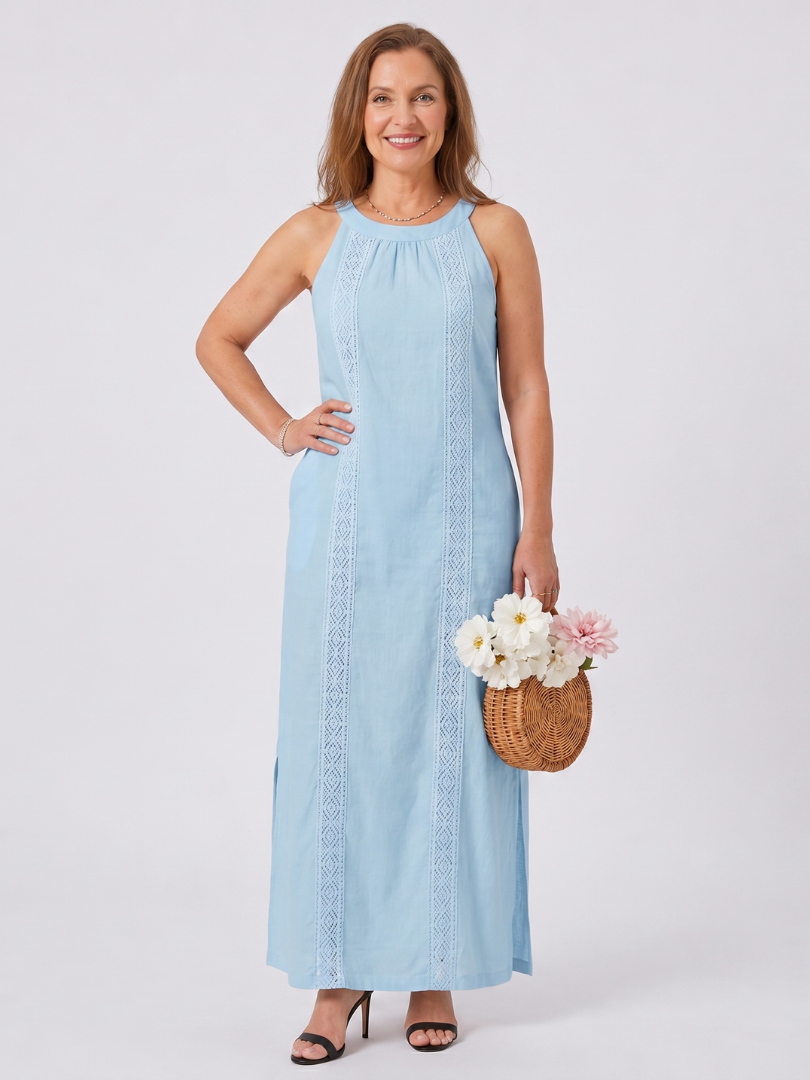 Halter Neck Lace Trim Side Slit Maxi Dress