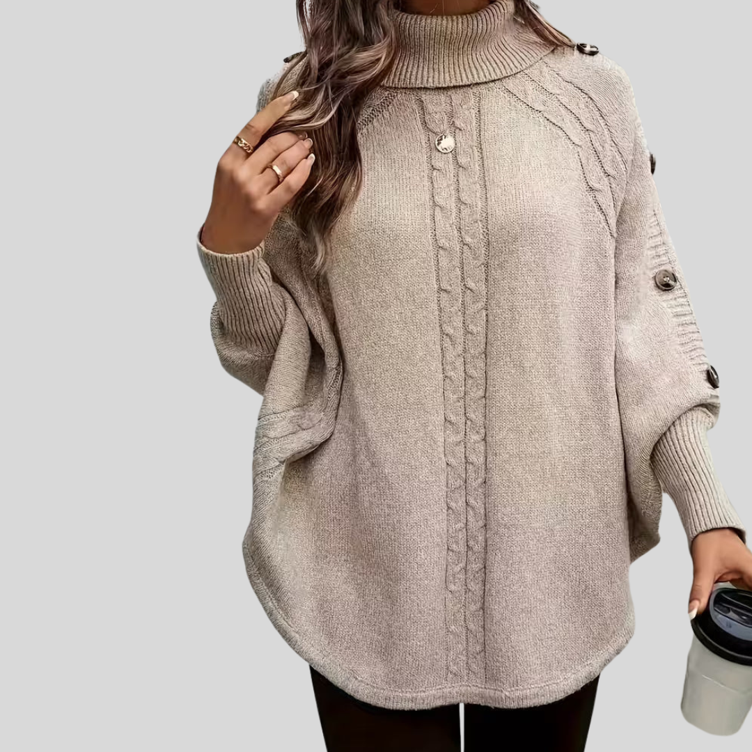 Turtleneck Cable Knit Button Trim Batwing Poncho Sweater 8