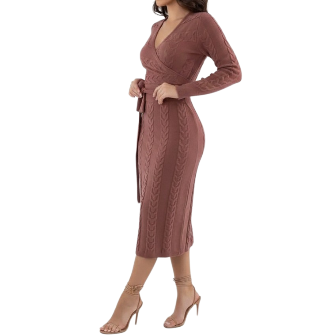 V-Neck Long Sleeve Cable Knit Belted Wrap Sweater Dress 3
