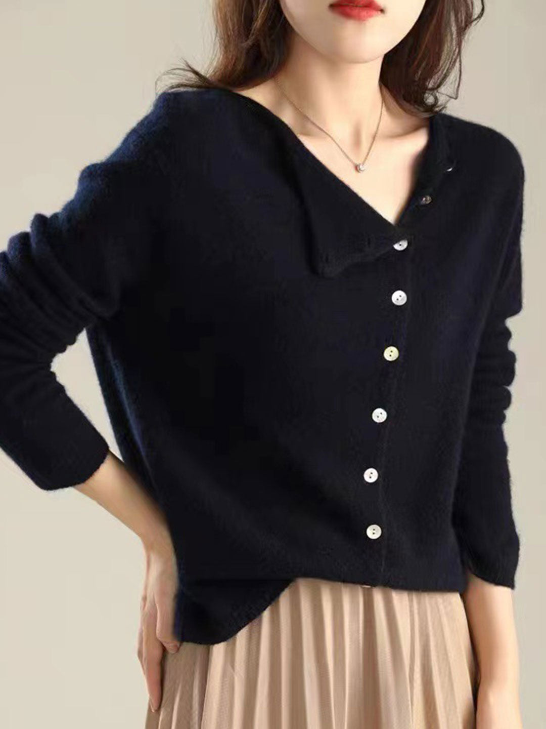 Fold Over Collar Button Front Knit Cardigan 11
